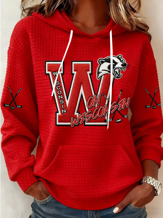 Red Wisconsin Ice Hockey Hoodie Game Day Merch Ice Hockey Fan Gifts - Thriftgiftshop