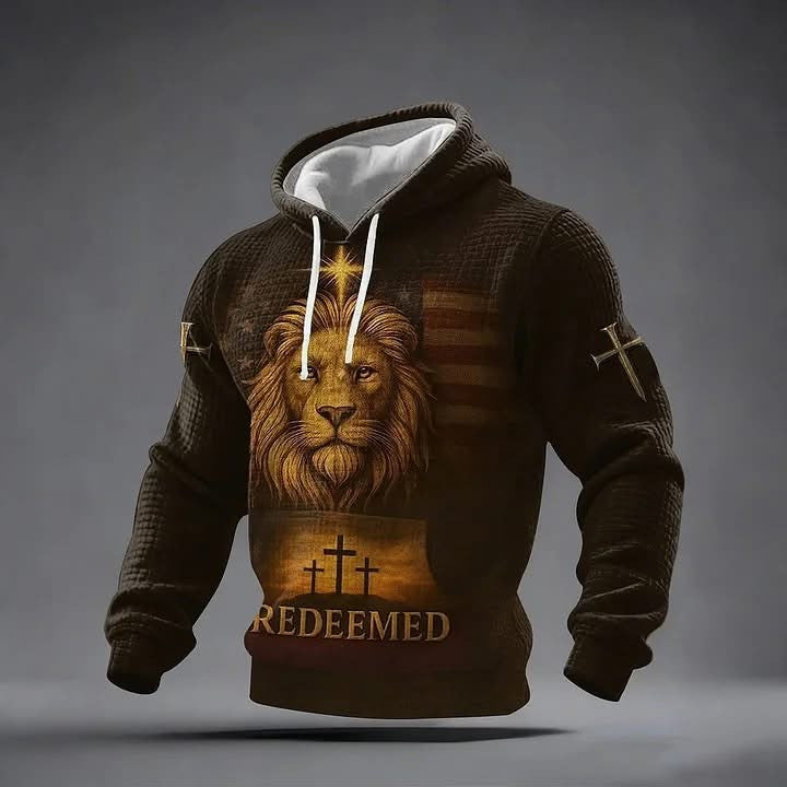 Redeemed Lion Print Hoodie Mens Christian Hoodie Gifts For Father - Thriftgiftshop