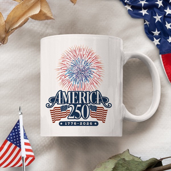 Thriftgiftshop America 250 Mug 1776 2026 Patriotic USA Flag And Fireworks 250th Anniversary Cup
