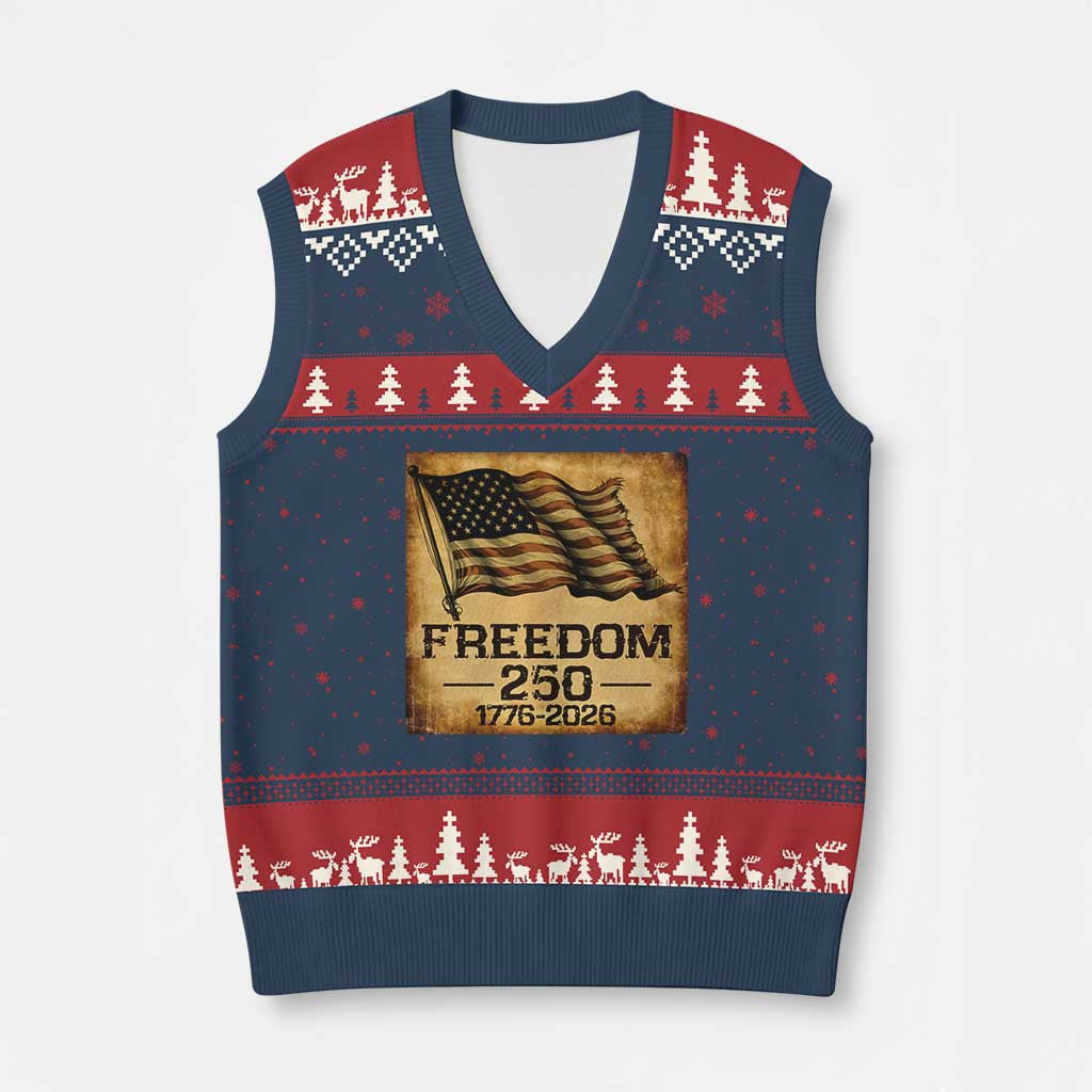 Thriftgiftshop Freedom 250th Ugly Christmas V-Neck Knit Sweater Vest Retro Flag USA 2026 Patriots Gifts