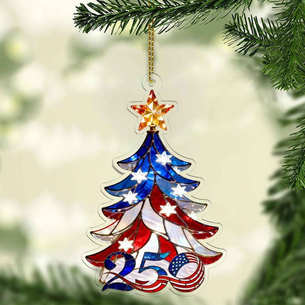 Thriftgiftshop Xmas Tree USA 250th Anniversary Christmas Ornament Faux Stained Decor USA Gifts For Her