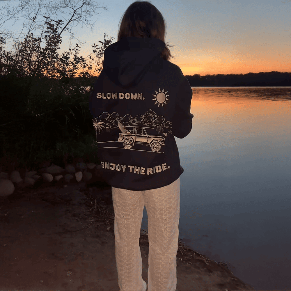 Sunset Surf Hoodie Printed Slow Down Enjoy The Ride Hoodie Sunset Surf Merch Gifts For Wife - Thriftgiftshop