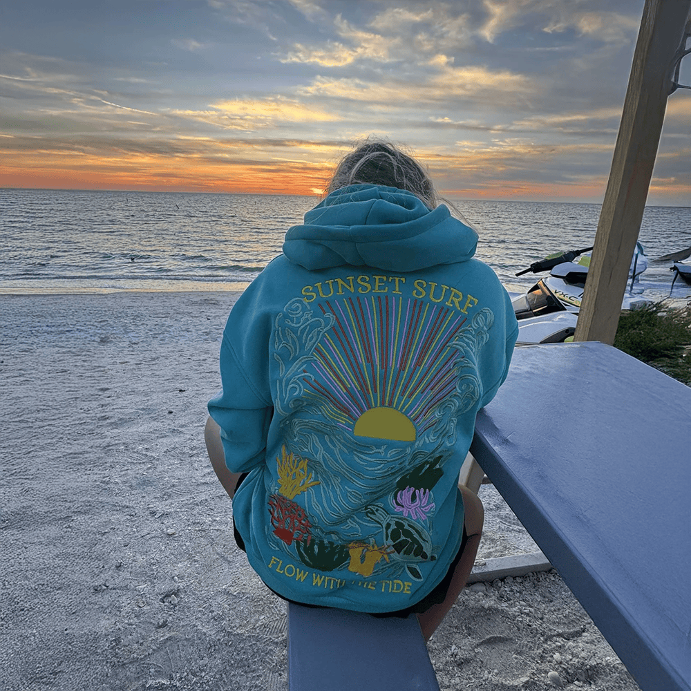 Sunset Surf Hoodie Printed Sunset Surf Flow With The Tide Hoodie Sunset Surf Merch Under The Sea - Thriftgiftshop