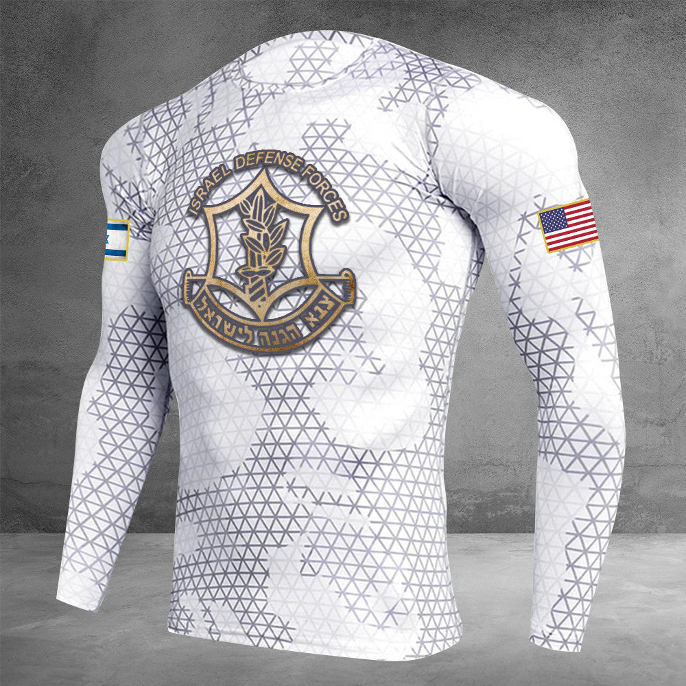 USA I Stand With Israel Camo Rash Guard Stop War Israel Sportswear Israeli Apparel IDF Merch - Thriftgiftshop